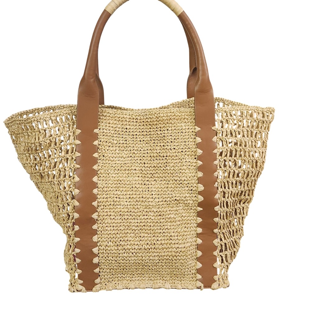 Sam Edelman Marley Woven Raffia Tote Bag Faux Leather Trim Summer Beach - Picture 2 of 12